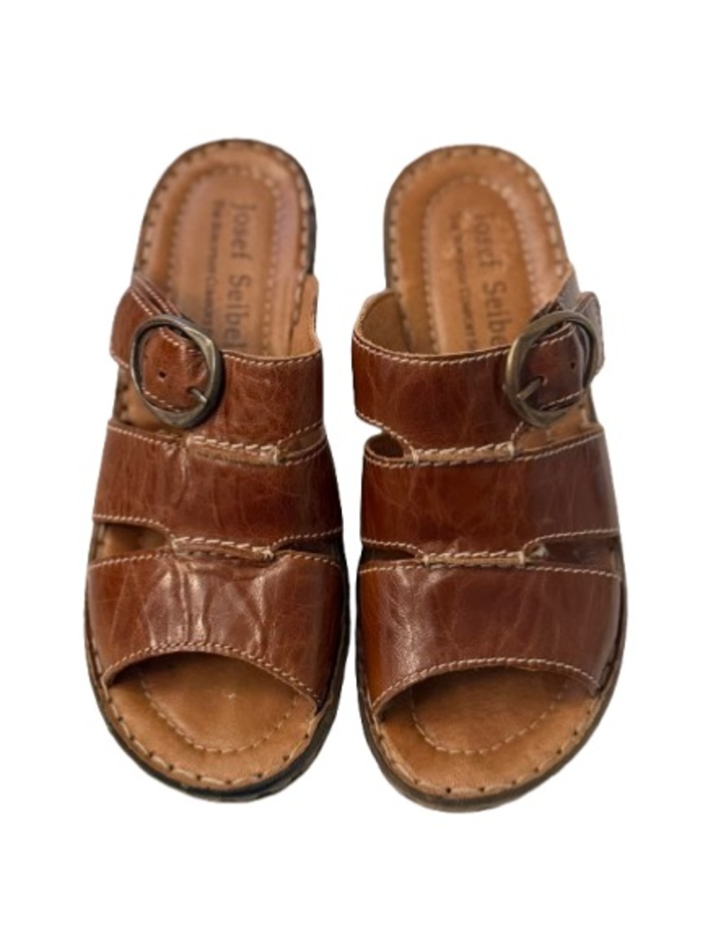 Josef Seibel Brown Leather Comfort Slide Sandals Size 36 Buckle Wedge
